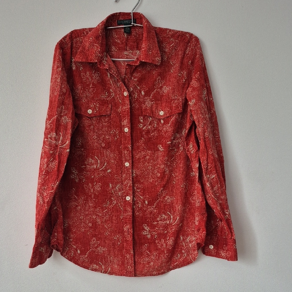 ​Lauren Jeans Co. Ralph Lauren Red Floral Roll-Tab Button-Up,Western Inspired, M